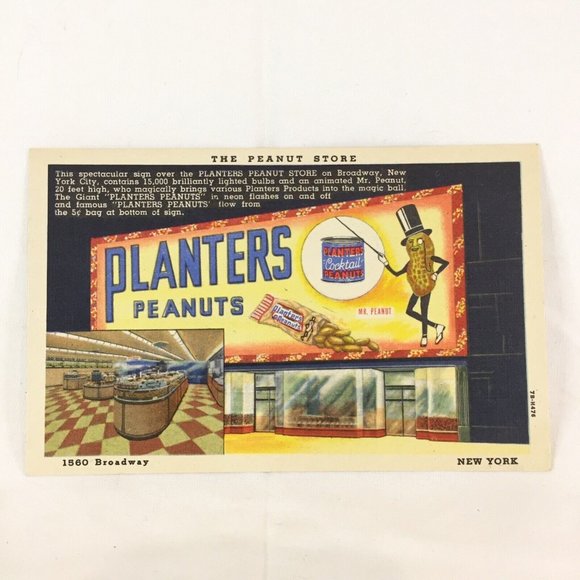 1930s PLANTERS PEANUTS Store BROADWAY New York Advertising POSTCARD Unposted - Picture 1 of 4